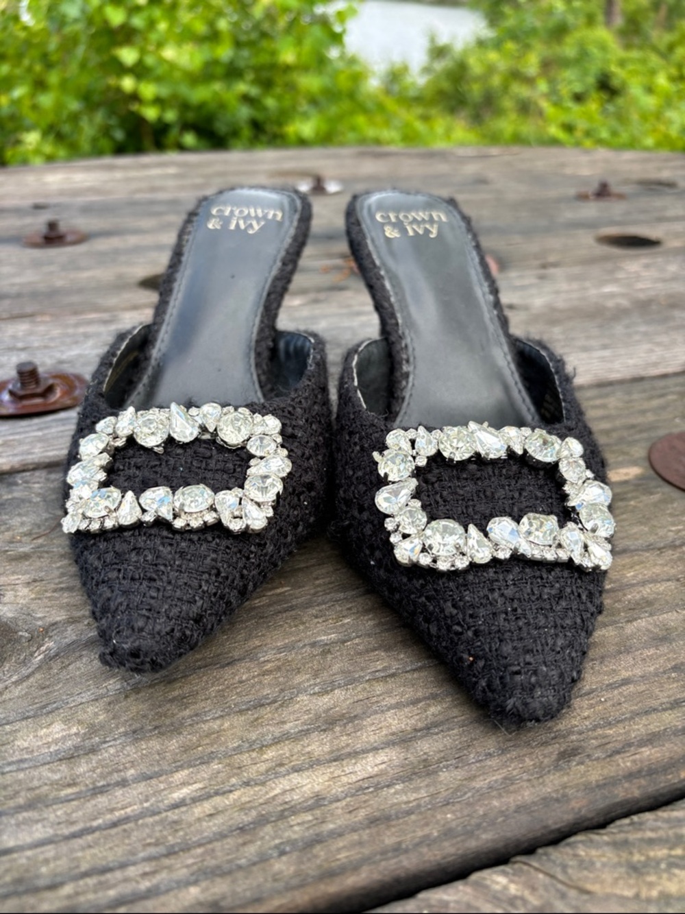 Crown & Ivy Women’s Sz6.5M Black Pointed Toe Mule with Crystal Buckle#317 - Picture 4 of 11